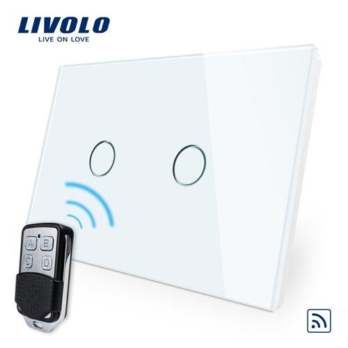 Intrerupator dublu wireless cu touch livolo din sticla si telecomanda inclusa-standard italian (alb)