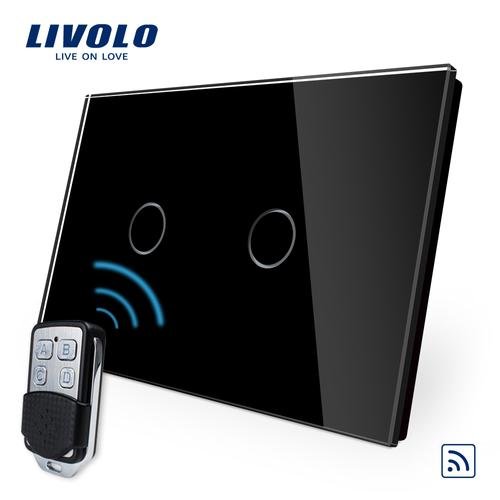 Intrerupator dublu wireless cu touch livolo din sticla si telecomanda inclusa-standard italian (negru)