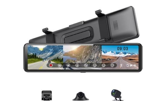 Kit camera video auto oglinda isen s33 dvr, 2k, wireless, 170°, carplay, night vision, wifi, gps + 3 camere (negru)
