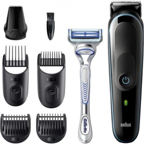 Kit de ingrijire multifunctional 7-in-1 aparat de tuns barba braun mgk3342, 5 accesorii + aparat de ras gillette skinguard sensitive 