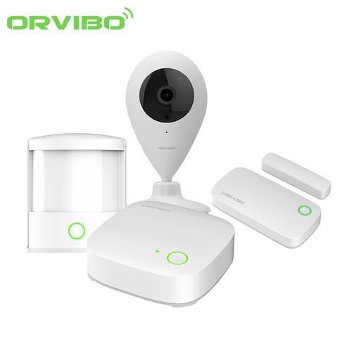 Kit sistem de securitate orvibo 5 in 1, mini hub protocol zigbee, senzori usa, pir, camera video (alb)