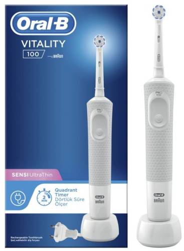Periuta de dinti electrica oral-b vitality d100 sensi ultra thin, 7600 oscilatii/min, curatare 2d, 1 program, 1 capat (alb)