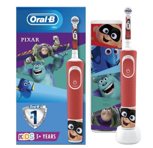 Periuta de dinti electrica pentru copii oral-b vitality pixar, 7600 oscilatii/min, curatare 2d, 2 programe, 1 capat, 4 stickere incluse, trusa de calatorie (alb/rosu)