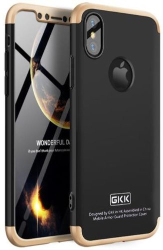 Protectie spate gkk 360 logo cut pentru apple iphone x (negru/auriu) + folie protectie ecran