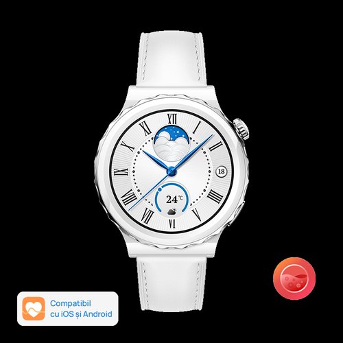 Smartwatch huawei watch gt 3 pro frigga-b19v, display amoled 1.32inch, 32mb ram, 4gb flash, bluetooth, gps, carcasa ceramica 43mm, bratara piele, rezistent la apa, android/ios (alb)
