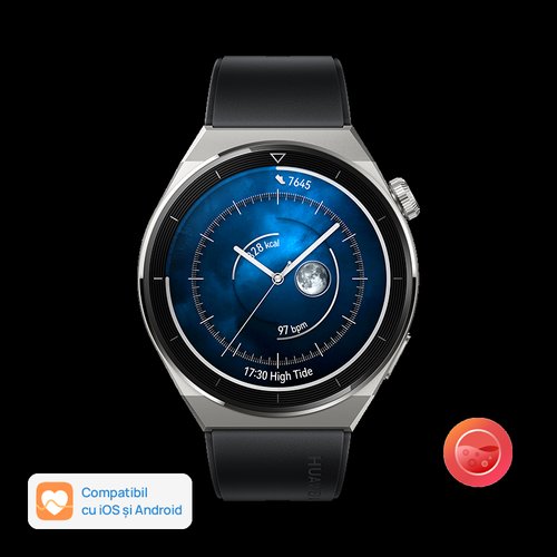 Smartwatch huawei watch gt 3 pro odin-b19s, display amoled 1.43inch, 32mb ram, 4gb flash, bluetooth, gps, carcasa titan 46mm, bratara fluoroelastomer, rezistent la apa, android/ios (negru)