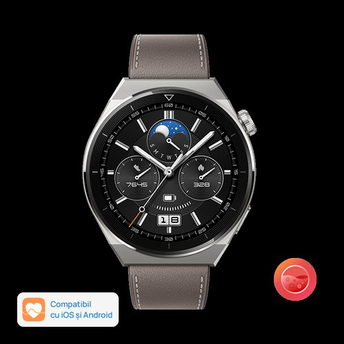 Smartwatch huawei watch gt 3 pro odin-b19s, display amoled 1.43inch, 32mb ram, 4gb flash, bluetooth, gps, carcasa titan 46mm, bratara piele, rezistent la apa, android/ios (gri)