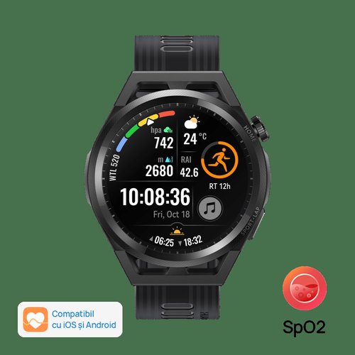 Smartwatch huawei watch gt runner, display amoled 1.43inch, 4gb flash, bluetooth, nfc, gps, bratara silicon, 46mm, rezistent la apa, andorid/ios (negru)