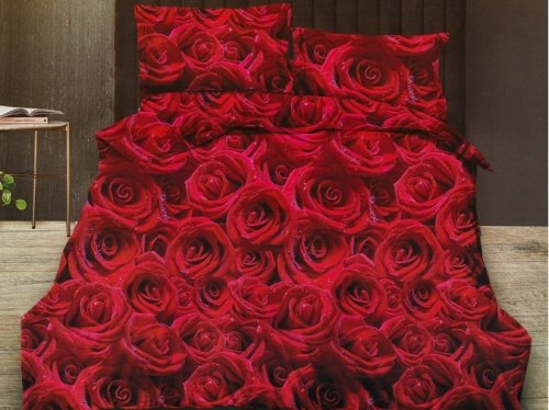 Oferta 1+1=239 lei: lenjerie pat dublu ralex pucioasa bumbac finet 6 piese cu elastic rosu flori trandafiri