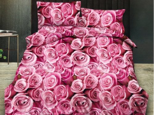 Oferta 1+1=239 lei: lenjerie pat dublu ralex pucioasa bumbac finet 6 piese cu elastic roz flori trandafiri