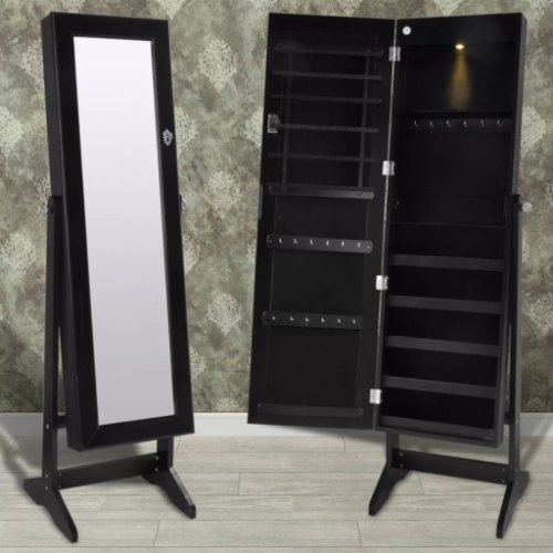 Vidaxl Cabinet negru pentru bijuterii cu suport, oglindă și lampă led