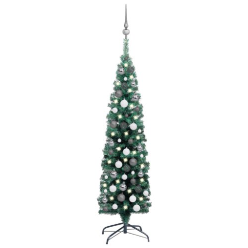 Vidaxl brad crăciun artificial subțire, led-uri&globuri, verde, 120 cm
