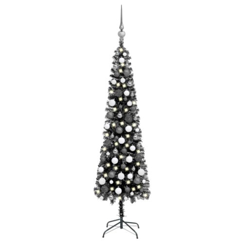 Vidaxl brad de crăciun artificial subțire led-uri&globuri negru 150 cm