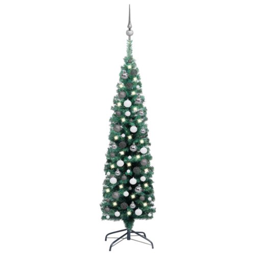 Vidaxl brad de crăciun artificial subțire led-uri&globuri verde 150 cm