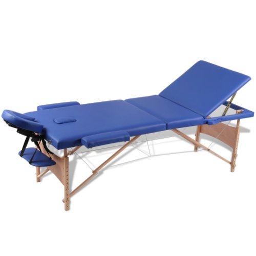 Vidaxl masă masaj pliabilă, 3 zone, albastru, cadru de lemn