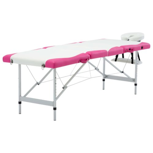 Vidaxl masă pliabilă de masaj, 4 zone, aluminiu, alb și roz