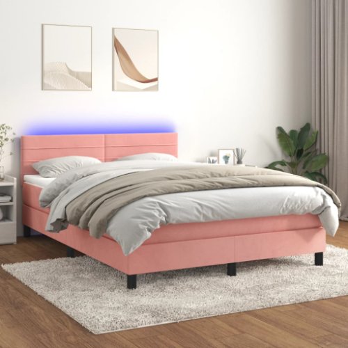 Vidaxl pat cu arcuri, cu saltea și led, roz, 140x190 cm catifea