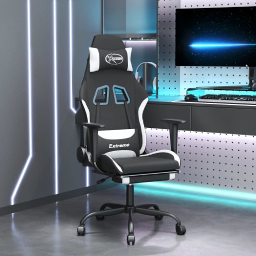 Vidaxl scaun de gaming pivotant cu taburet, negru și alb, textil