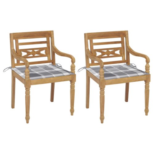 Vidaxl scaune batavia perne gri model carouri, 2 buc., lemn masiv tec