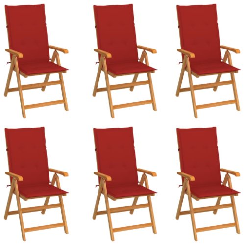 Vidaxl scaune de grădină cu perne roșii, 6 buc, lemn masiv de tec