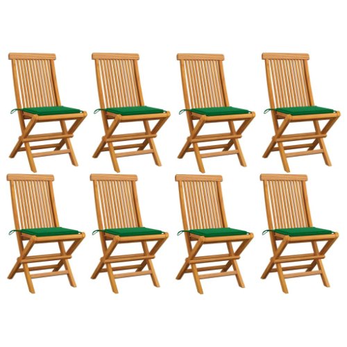 Vidaxl scaune grădină cu perne verzi, 8 buc., lemn masiv de tec