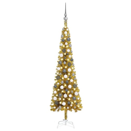 Vidaxl set brad de crăciun subțire cu led-uri&globuri, auriu, 120 cm
