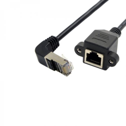 Cablu adaptor extensie rj 45 tata 90 grade jos la rj45 mama cu sistem de prindere in suruburi 30cm