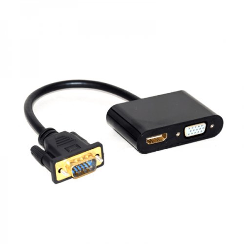 Krasscom Cablu convertor full hd vga tata la hdmi si vga mama cu audio input 3.5mm si alimentare prin micro usb