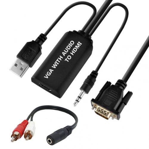 Cablu convertor vga tata la hdmi mama cu audio si usb plus adaptor jack 3.5mm mama la audio rca tata negru