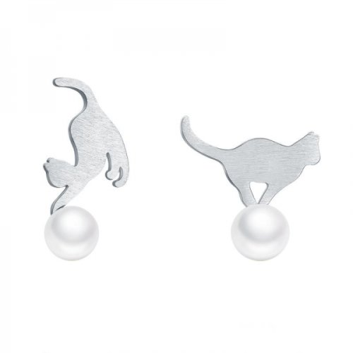 Cercei cu surub pe ureche argint 925 si perla krassus kittyasimetrici model pisica