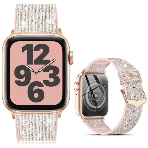 Krasscom Curea apple watch 3 / 4 / 5 / 6 / 7 / 8 / se series 41 / 40 / 38 mm catarama clasica din silicon design stralucitor roz