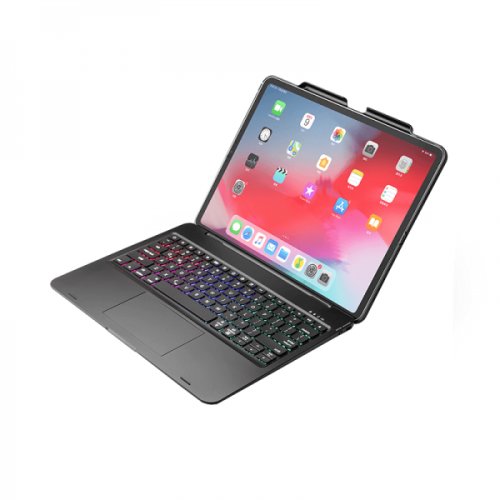 Husa carcasa cu tastatura bluetooth si touchpad pentru ipad pro 12.9 2018 / 2020 cu taste iluminate 7 culori si suport touchpen model a1876 / a1895 / a1983 / a2014 / a2069 . a2229 / a2232 / a2233 negru
