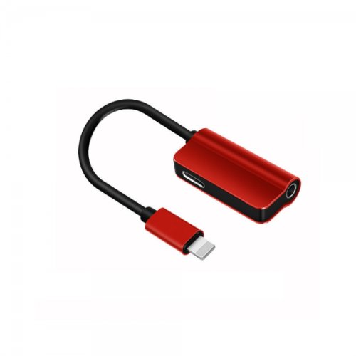 Mini adaptor lightning compact 2 in 1 cu jack 3.5 pentru casti si incarcare separata pentru iphone / ipad rosu
