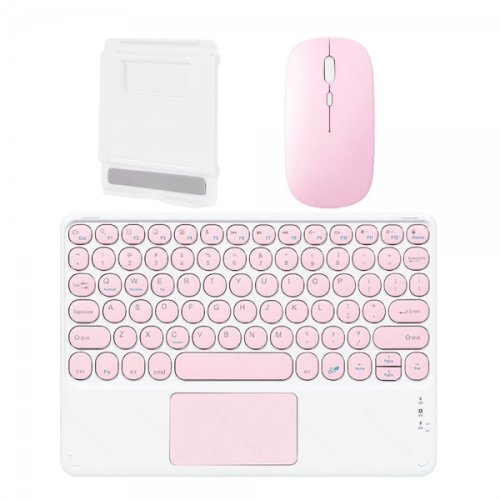 Set 3 in 1 pentru tablete cu mouse dual wireless 2.4g si bluetooth tastatura cu touchpad wireless bluetooth si suport de tableta roz