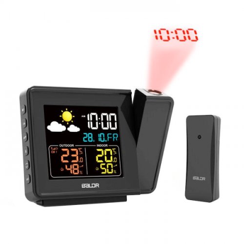 Statie meteo cu proiector ceas si 1 senzor extern baldr afisaj data ora umiditate temperatura prognoza meteo alarma ceassora exacta semnal radio negru