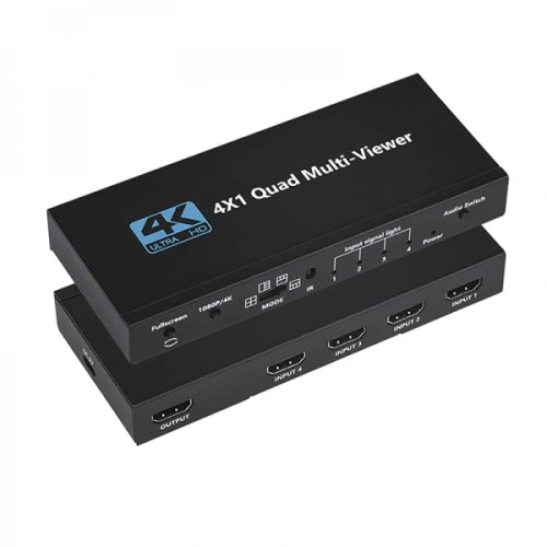 Krasscom Switch hdmi multiviewer 4k 30hz 4 intrari sursa 1 iesire ecran afisaj simultan / alternativ cu telecomanda / buton prezentari / sedinte / conferinte