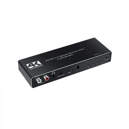 Krasscom Switch splitter hdmi 2.0 hdcp 1.4 4k 60hz 6gbps cu 4 intrari si 2 iesiri arc extractor audio r/l 3.5mm jack spdif coaxial