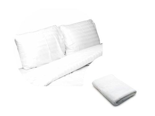 Somnart Pachet 1 lenjerie de pat alba pentru 2 persoane, bumbac damasc 100%, 3 piese + 1 set 2 prosoape pentru fata, 50x90 cm, alb, bumbac