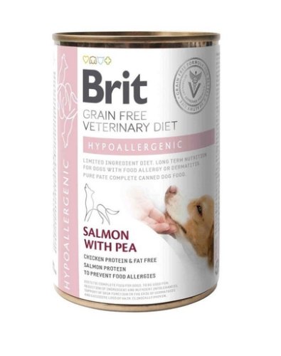 Brit veterinary diet hypoallergenic salmon pea hrana umeda caini cu alergii, cu somon si mazare 6x400 g