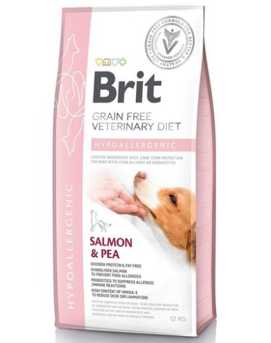 Brit veterinary diets dog hypoallergenic dieta veterinara pentru caini adulti cu alergii si intolerante alimentare, cu somon si mazare 12 kg