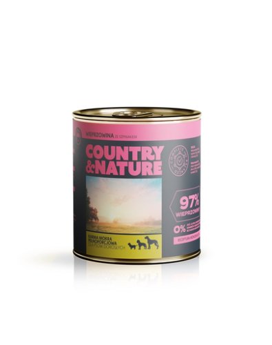 Country nature hrana umeda pentru caini, fara cereale, cu porc si spanac 850 g