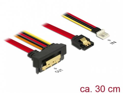Cablu de date + alimentare sata 22 pini 6 gb/s cu clips la floppy 4 pini tata + sata 7 pini unghi jos/drept 30cm, delock 85233
