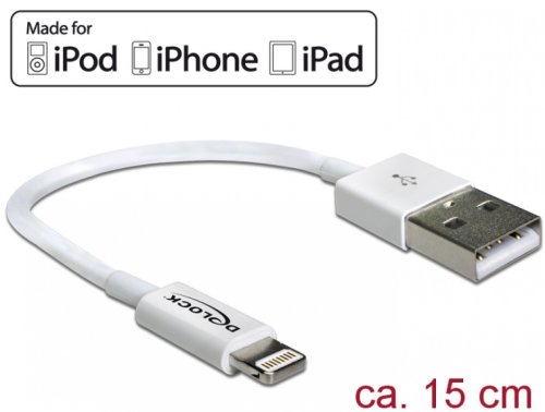 Cablu de date + incarcare lightning mfi pentru iphone, ipad, ipod alb 0.15m, delock 83871