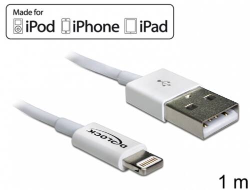 Cablu de date + incarcare lightning mfi pentru iphone, ipad, ipod alb 1m, delock 83560