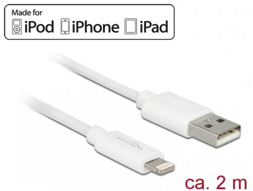 Cablu de date + incarcare lightning mfi pentru iphone, ipad, ipod alb 2m, delock 83919 