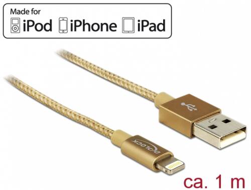 Cablu de date + incarcare lightning mfi pentru iphone, ipad, ipod gold 1m, delock 83770
