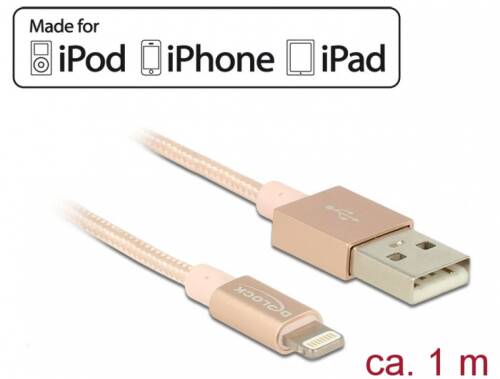 Cablu de date + incarcare lightning mfi pentru iphone, ipad, ipod rose 1m, delock 83875 