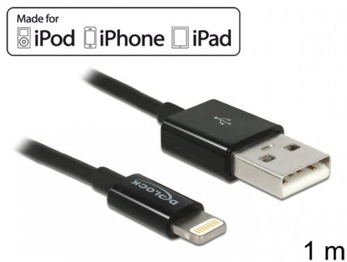 Cablu de date + incarcare pentru iphone, ipad, ipod negru 1m, delock 83561