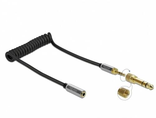 Cablu prelungitor spiralat jack stereo 3.5mm 3 pini t-m + adaptor 6.35mm 1m, delock 85831