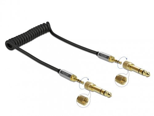 Cablu spiralat jack stereo 3.5mm 3 pini t-t + adaptor 6.35mm 1m, delock 85836